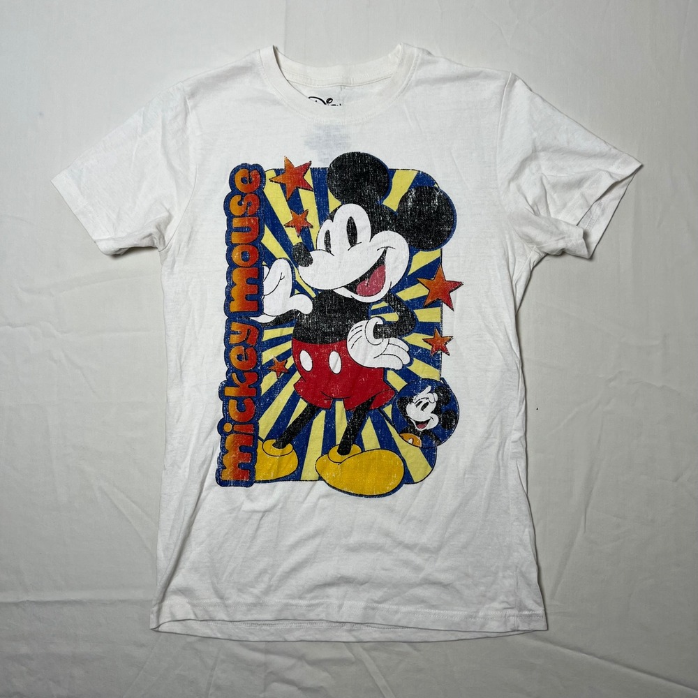 Disney Mickey Mouse Graphic T-Shirt Mens Small White Retro Sunburst Distressed